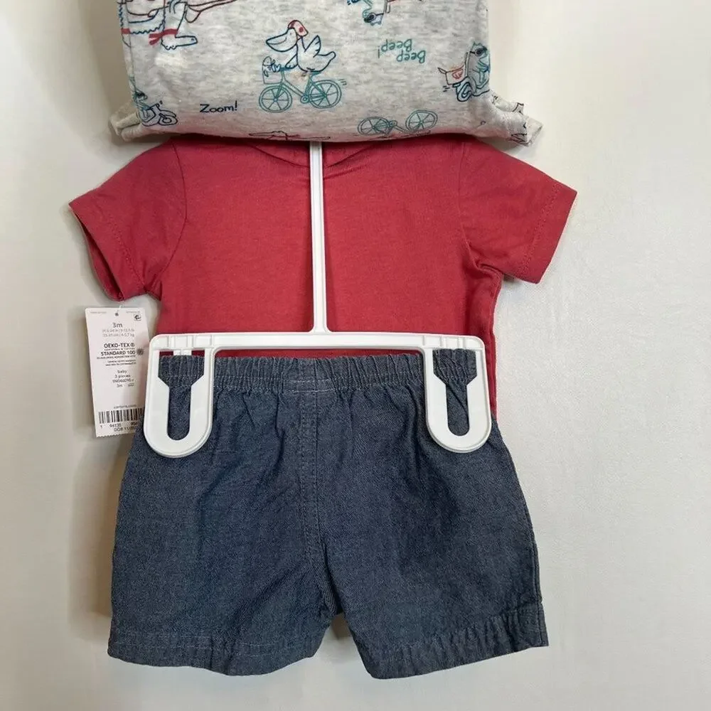 Carter's Sz 3M 3-Piece Shorts Set One Piece and Shirt Set Dinosaurs Cars